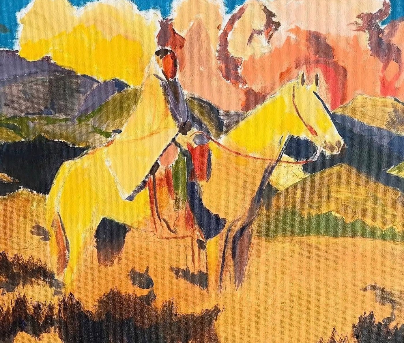 Golden painting of a rider on a pale horse before pink clouds