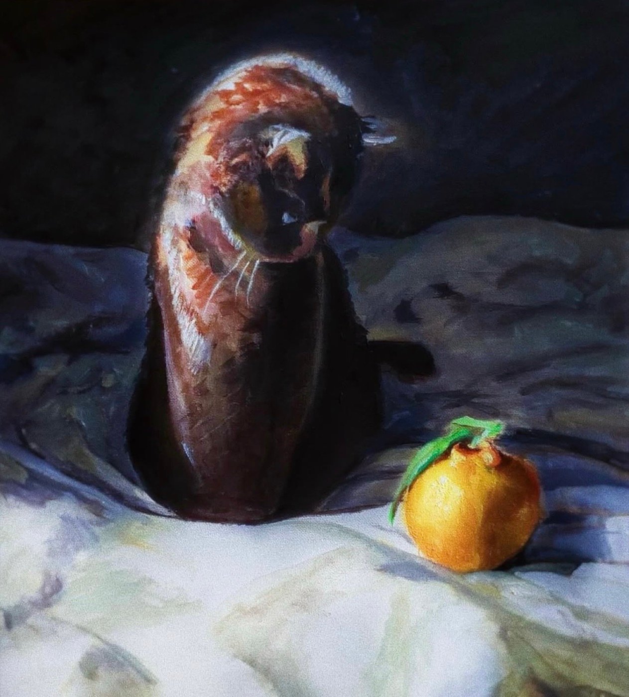 Painting of a dark cat looking down at a tangerine on a white sheet